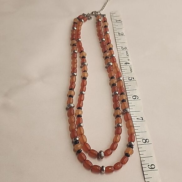 Chaps Double Strand Beaded Necklace Orange Black and Silver Tone Beads - Picture 5 of 5